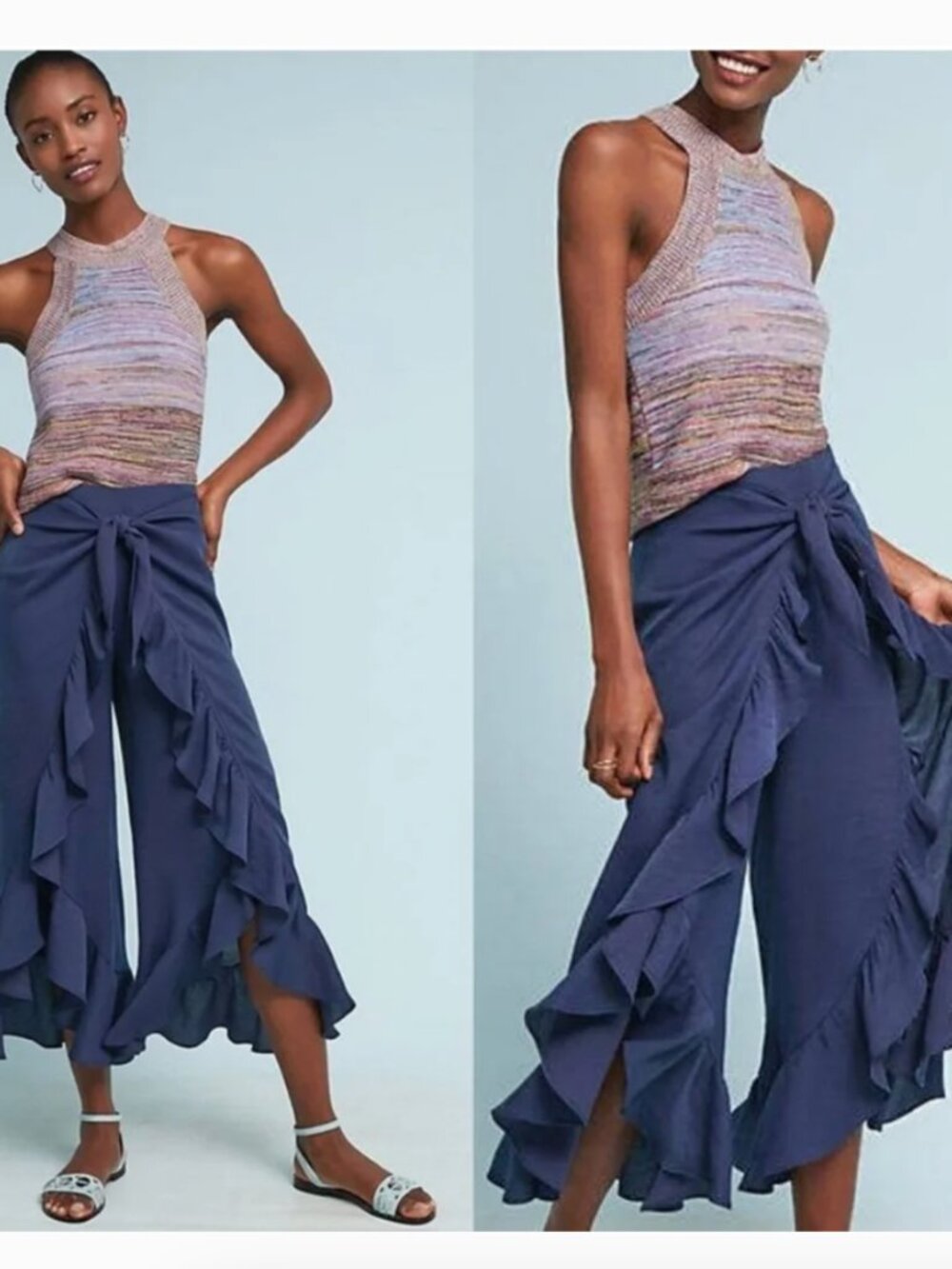 Feather Bone Anthropologie Ruffle Wrap Crop Wide Leg Pants Boho sz 4P Petite